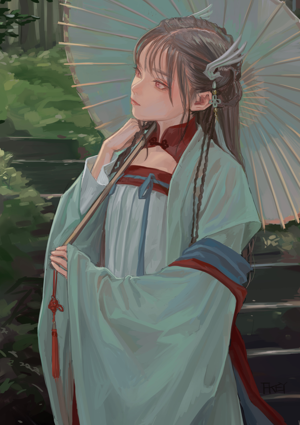 the image depicts an animestyle woman in traditional oriental clothing, consisting of a light green robe with red accents over a white inner garment, identified as hanfu. she holds a white umbrella and has braids in her brown hair adorned with a silver headdress. her eyes are red. the background shows a softlit forest scene.