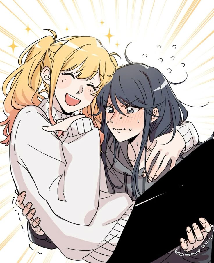 a digital art in anime style shows a woman with blonde hair carrying a woman with dark hair, both appearing to be young adults. the blonde woman is smiling broadly with closed eyes, embracing the other woman around the neck. the darkhaired woman looks surprised and slightly embarrassed with flushed cheeks and small sweat droplets above her head. the blonde woman is wearing a white sweater, while the darkhaired woman is in a grey hoodie underneath a black jacket or top. the background includes radiating lines and small stars, giving a sense of joy or surprise.