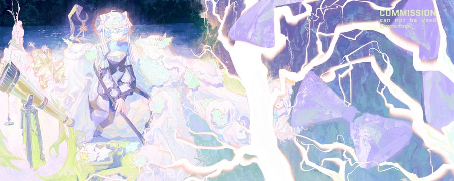 this is a digital illustration of a young anime girl in a fantasy setting. the girl is wearing a white dress and blue headband. she is standing in front of a tree with branches that have glowing white light.  she is surrounded by other fantasy elements such as flowers and glowing lights. the background is a hazy blue and purple with stars in the sky.  the girl's face is obscured, but she appears to be looking up at the sky. she is surrounded by a magical glow that makes her look mystical. the overall mood is serene and peaceful.