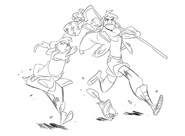 this black and white line drawing shows two girls running away from something. the girl in the back is holding a stick with a piece of cloth on it. the girls appear to be animated characters from some kind of cartoon show or film.  the drawing style is dynamic and expressive, conveying the energy and excitement of the moment.