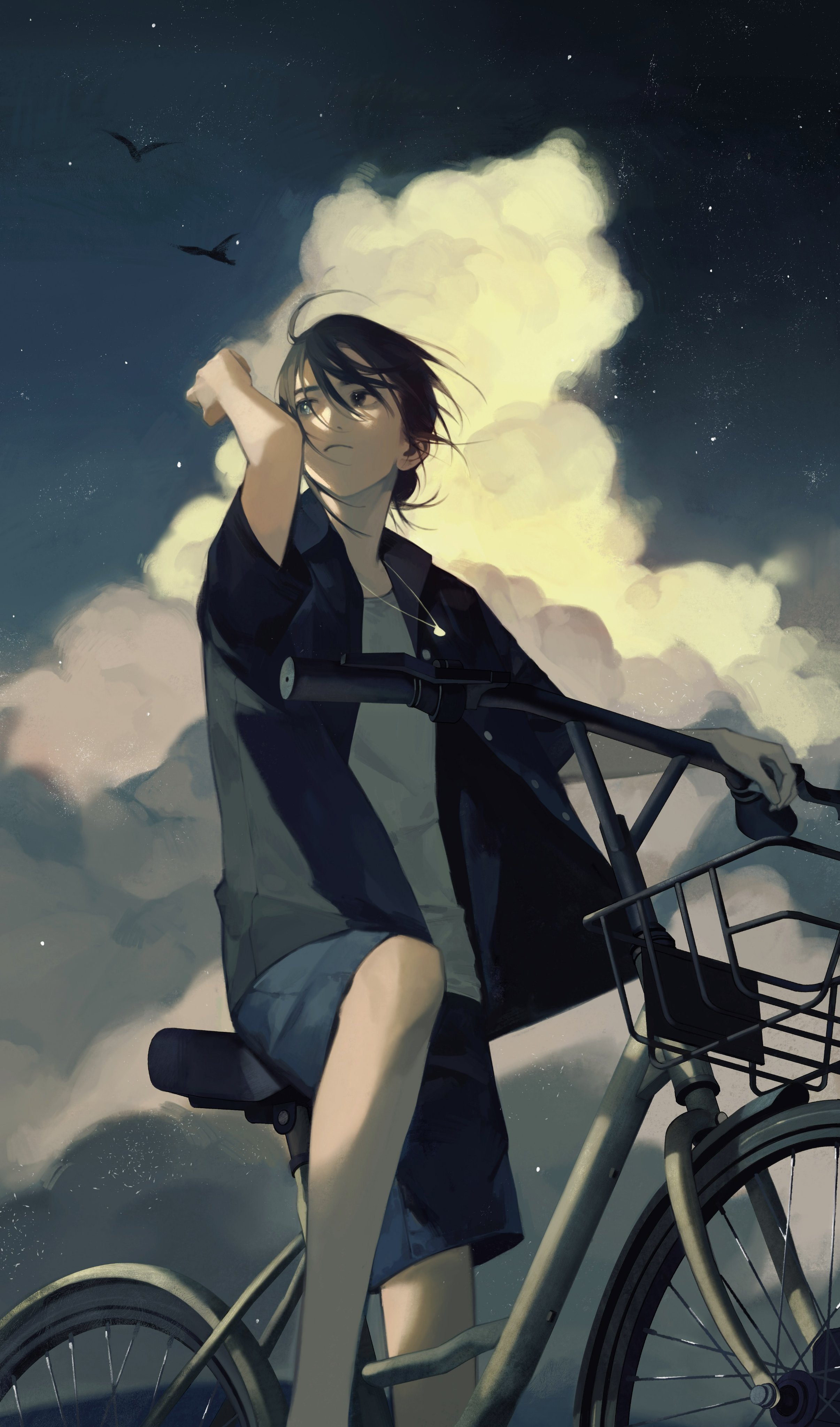 this is an anime illustration of a girl with black hair riding a bicycle at night. she is looking up at the cloudy sky, which is filled with stars. she is dressed in a black shirt and blue shorts, and she is wearing a necklace. the city lights can be seen in the distance. the overall mood of the image is relaxed and casual.