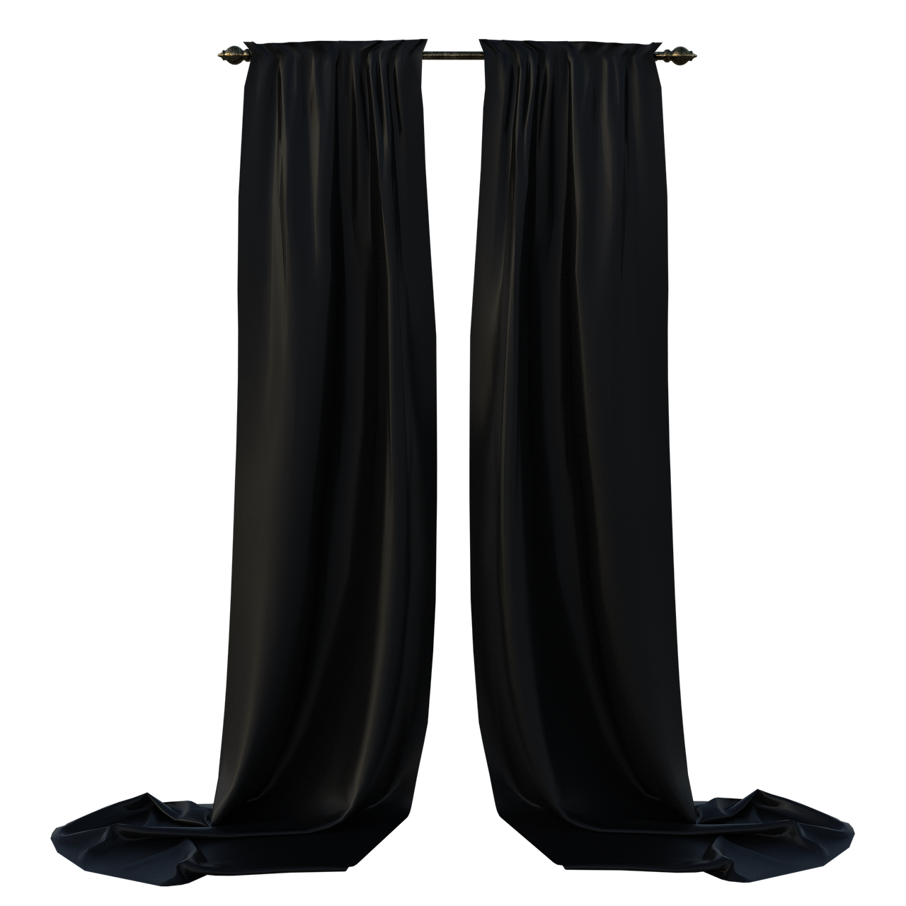 a digitally rendered image showcases a pair of elegant, black curtains suspended from a curtain rod against a stark black backdrop. the curtains feature prominent folds, creating a sense of depth and texture. the heavy fabric pools slightly at the bottom, adding to the luxurious feel of the drapery. the curtain rod and its decorative ends are visible, contributing to the overall aesthetic of the composition.