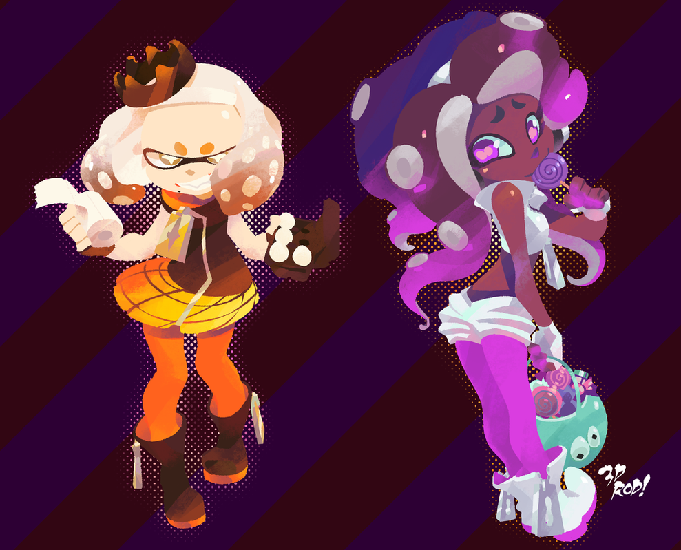 two inkling girls, one with a purple and pink color scheme and the other with an orange and yellow color scheme. the purple girl has a crown on her head, holds a basket full of candy, and has a lollipop in her mouth. the orange girl holds a roll of paper in her right hand and her weapon in her left. they are both facing away from each other and stand on a striped background. the purple girl has a pink and white outfit with a pair of white boots. the orange girl has a black and yellow outfit and a pair of orange boots.