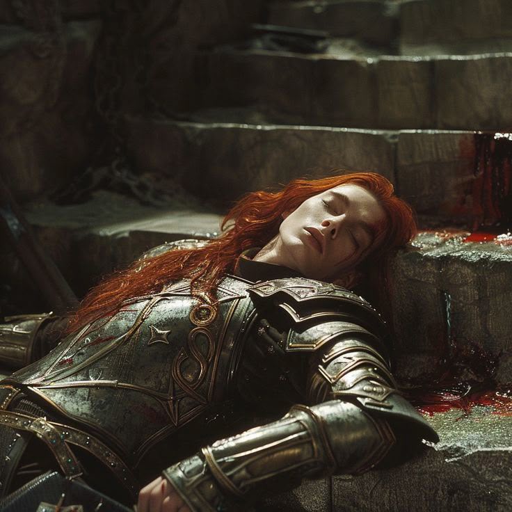 a woman with red hair wearing medievalstyle armor is lying on stone steps with blood around her. she appears to be dead or unconscious.