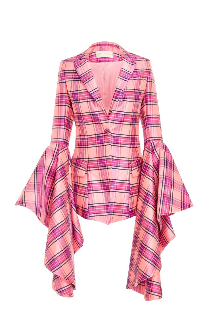 a pink plaid blazer with long, ruffled sleeves on a white background.