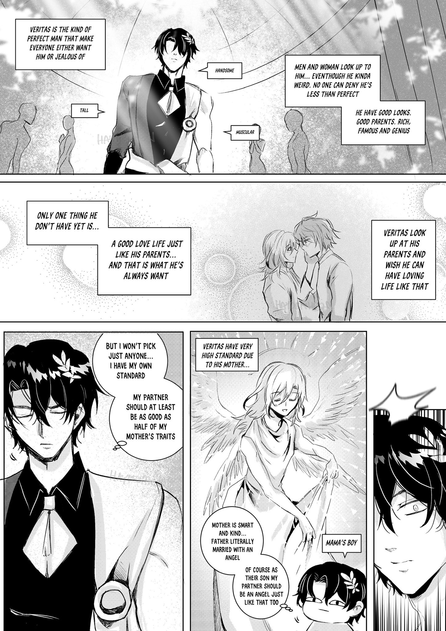 the image is a comic book panel. it features a male character named veritas, who is described as a perfect man. the text boxes reveal that he has good looks, good parents, is rich, famous, and a genius. however, the image also depicts veritas's desire for love and his high standards for a partner, influenced by his parents, particularly his mother, who was married to an angel. the image suggests that veritas is looking for a partner who is as good as or even better than his mother.