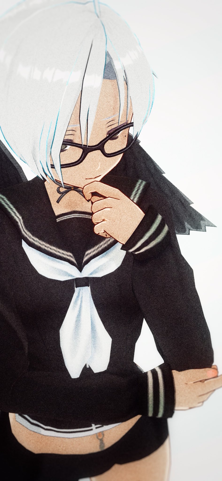 the image is a digital drawing or sketch of an animestyle girl. she has short white hair, darkrimmed glasses, and is wearing a black sailor uniform with a white collar and tie. she is depicted from a low angle and is holding one hand to her chin.  the overall palette is primarily black and white, giving the image a graphic novel aesthetic.