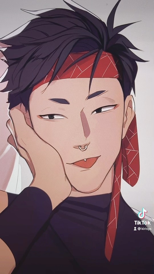 the image is a digital drawing or fanart of an animestyle boy. he has dark hair styled in a slightly messy way, and he wears a red headband with a geometric pattern. he also has a nose ring and a lip piercing. he's wearing a darkcolored turtleneck.  one hand is gently touching his face, suggesting affection or intimacy. the art style is soft and the overall tone is romantic and cute. a tiktok watermark is visible in the bottom right corner, indicating the source of the image.
