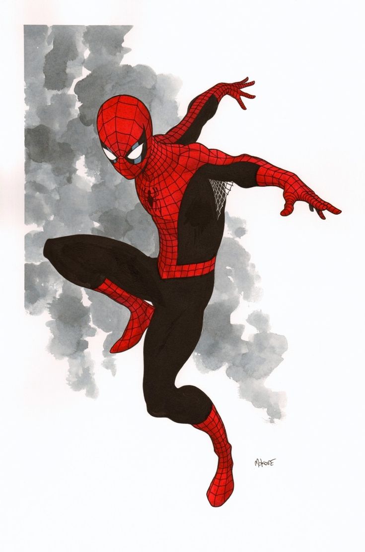 a drawing of spiderman in mid air. he's wearing his red and black suit and he's got a serious look on his face. he's got his hand outstretched and he's about to land. there's a white background with gray smoke behind him. the drawing is signed "rhone".