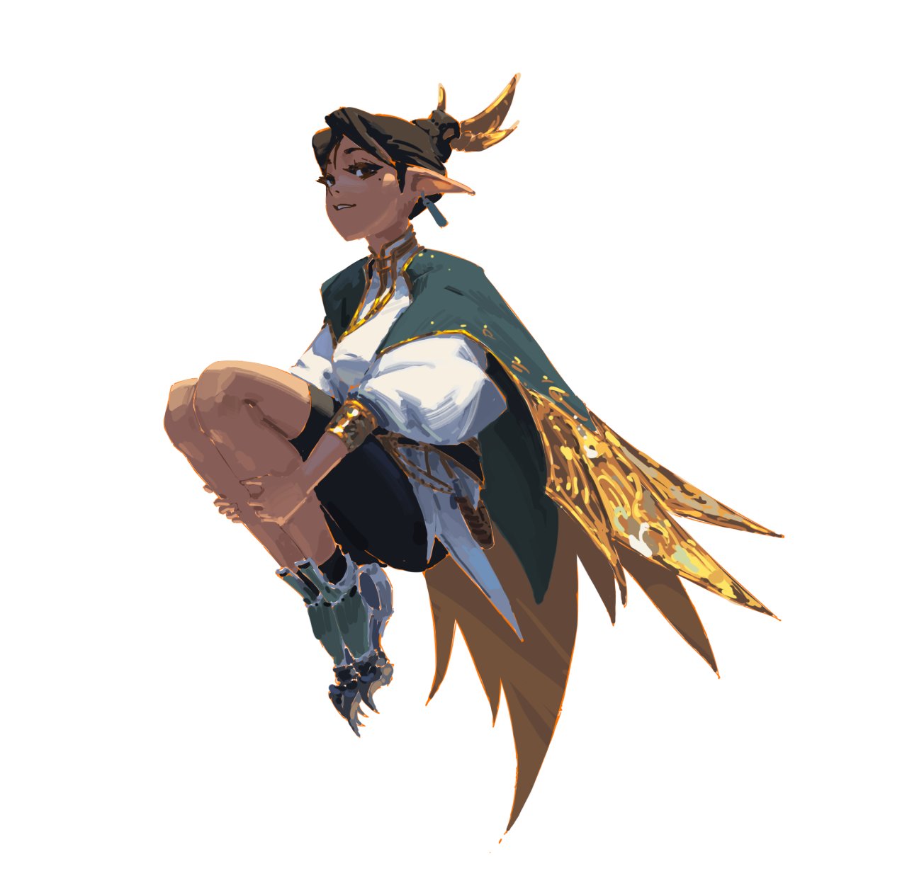 the image is a digital painting of a female elf character. she has dark hair pulled back, pointed ears, and is wearing a stylish outfit that includes a green cloak with elaborate gold detailing. the cloak features large, winglike extensions. she is depicted in a casual, slightly playful pose, seemingly floating in midair with her knees bent. the art style is whimsical and fantastical, suggesting a character from a video game, book, or other fantasy setting.  the colors are vibrant and the detail level is quite high, indicating skilled digital painting techniques. the overall impression is one of elegance and ethereal beauty.