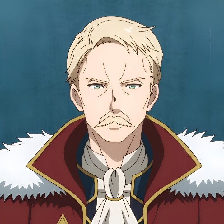 a seriouslooking male anime character with blond hair, a mustache, and a beard is wearing a red robe with a white collar and white fur trim. the background is a solid blue.