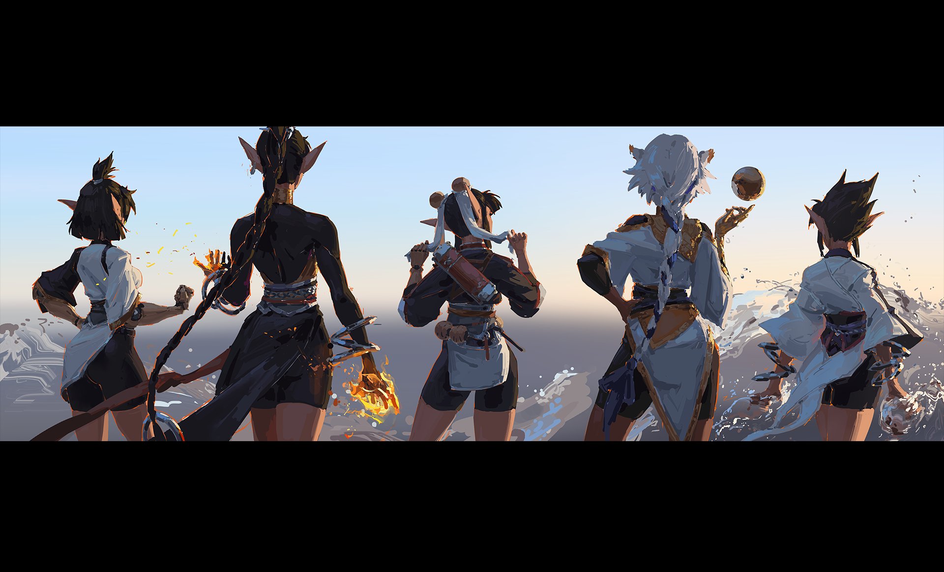 he image is a digital painting depicting five female fantasy characters, seemingly warriors or mages, standing in a row with their backs to the viewer. they are positioned on a beach or near a body of water with waves lapping at their feet. the sunset is visible in the background. each character has unique features, clothing, and apparent elemental affiliations: one seems to wield fire, another water, one appears to be an air mage judging by the orb she holds, and the remaining two seem less elementally focused. they appear to be a team or group, possibly adventurers or guardians.  the art style is painterly and dynamic, with a focus on expressive character design and atmospheric lighting.