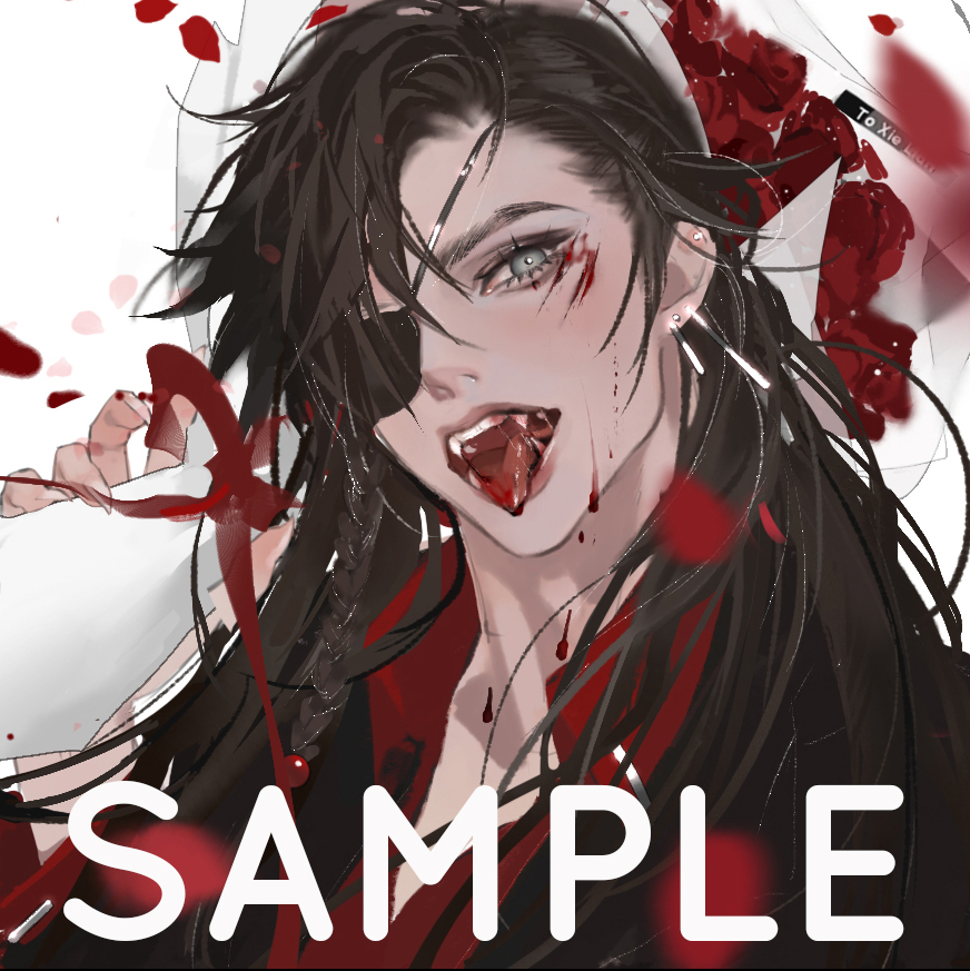 the image is a digital illustration of a male character with long dark hair and red clothing. he has an eyepatch over his right eye and blood splattered on his face and clothes. he is licking blood from his fingers, revealing sharp fangs, which suggests he might be a vampire. the art style is animeinspired and features soft lighting.  the overall tone is dark and suggestive of violence.