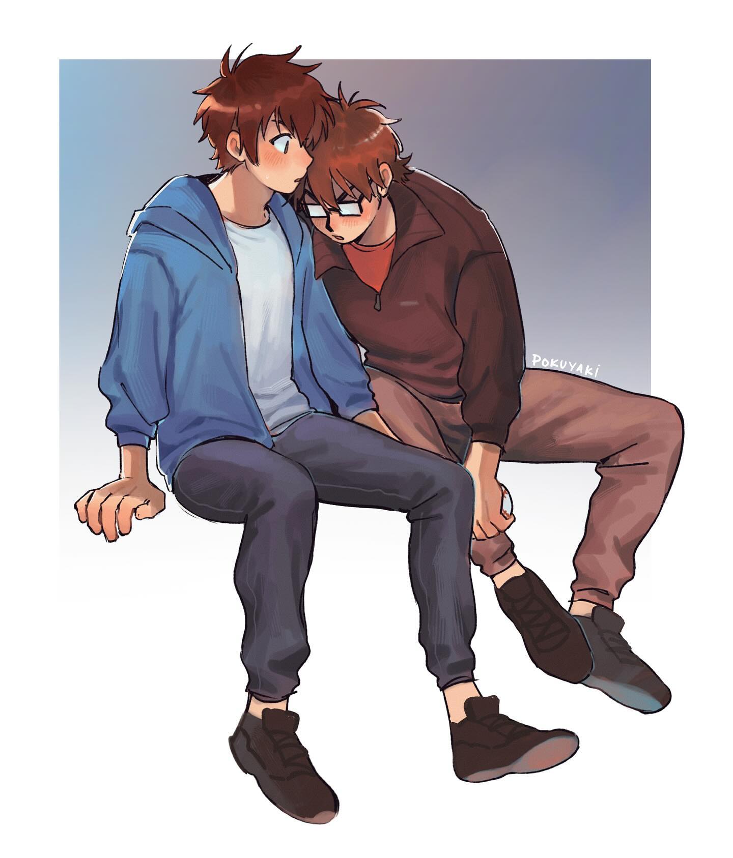 the image is a digital drawing or painting in an anime/manga style.  it depicts two young men, seemingly a couple, sitting close together. one is wearing a blue hoodie and jeans, while the other is wearing a maroon zipup jacket and pants. the boy in the hoodie has his head resting on the shoulder of the other who is wearing glasses.  their posture and closeness suggest intimacy and affection.  the art style is soft and slightly hazy, and the background is a muted grayishblue. the overall mood is tender and sweet.