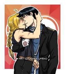 the image is a digital drawing or fanart depicting a romantic embrace between two animestyle characters.  the style strongly suggests it's fanart of characters from the fullmetal alchemist universe, though not specified exactly which.  a female character with blonde hair is wrapped around a male character with dark hair, their faces close together, suggesting a kiss or passionate moment. they are dressed in clothing consistent with the fullmetal alchemist aesthetic. the background is a stylized red and orange.  a watermarklike text is visible on the bottom that includes the name of the artist.