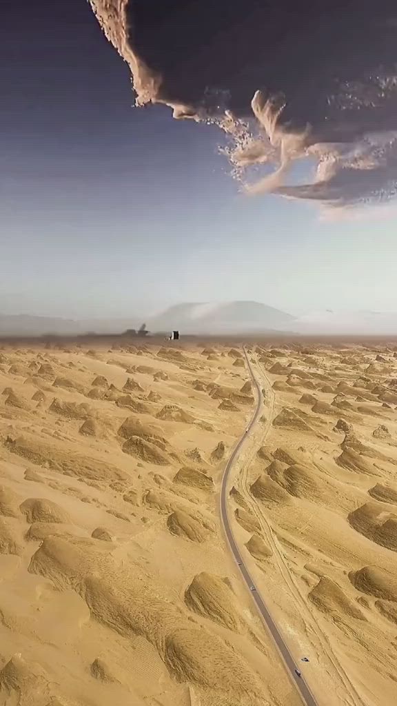 an aerial view of a desert landscape with a long road snaking through the sand dunes. the sky is a soft blue with wispy clouds. the scene is peaceful and tranquil, with the vastness of the desert creating a sense of solitude. the image is a beautiful example of the raw beauty of nature and the power of the desert.
