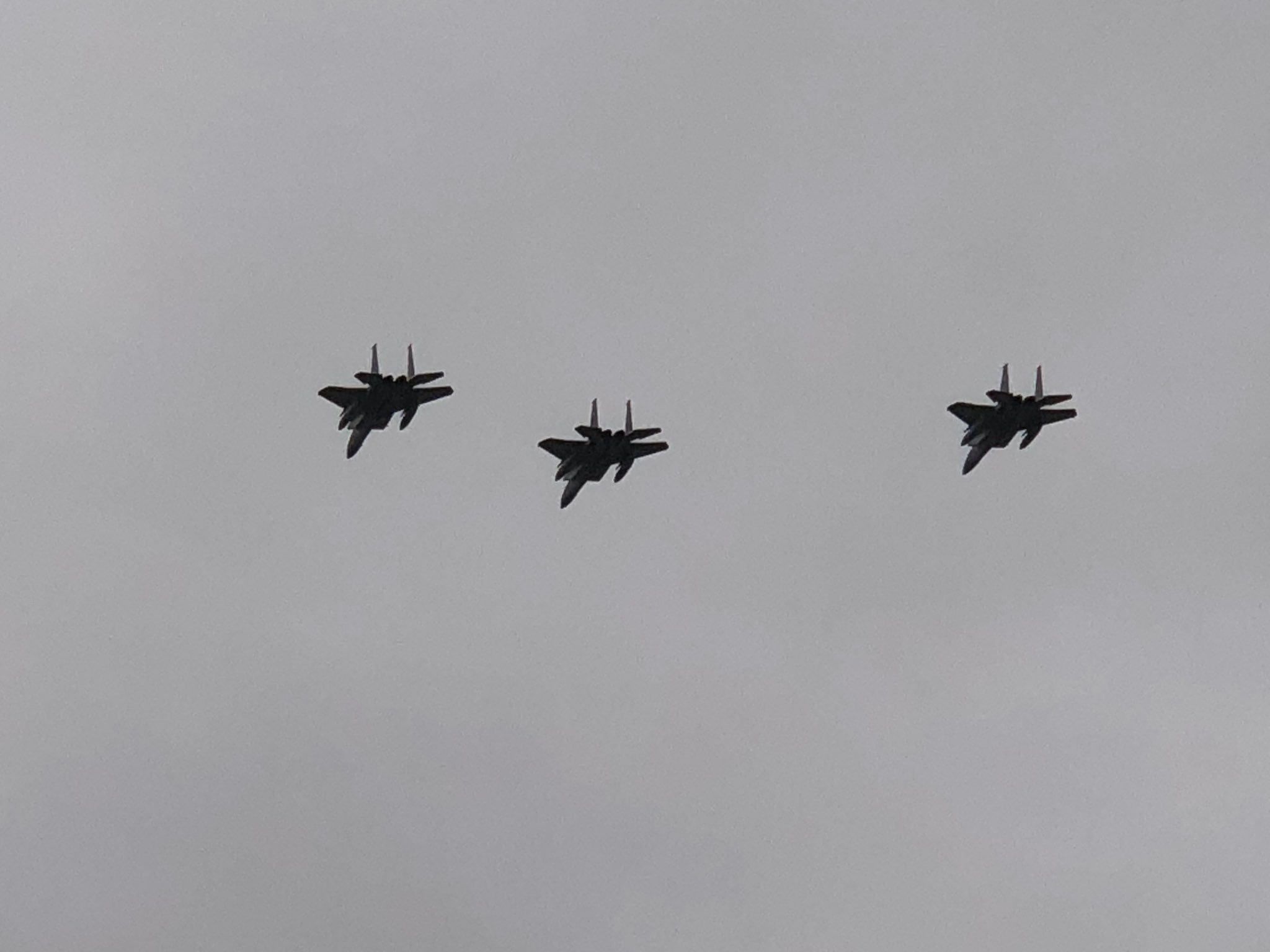 three dark grey fighter jets fly in formation against a cloudy, overcast sky.  the jets are in close formation, with the lead jet slightly higher than the other two. the jets are silhouetted against the sky, which is a uniform light grey color.