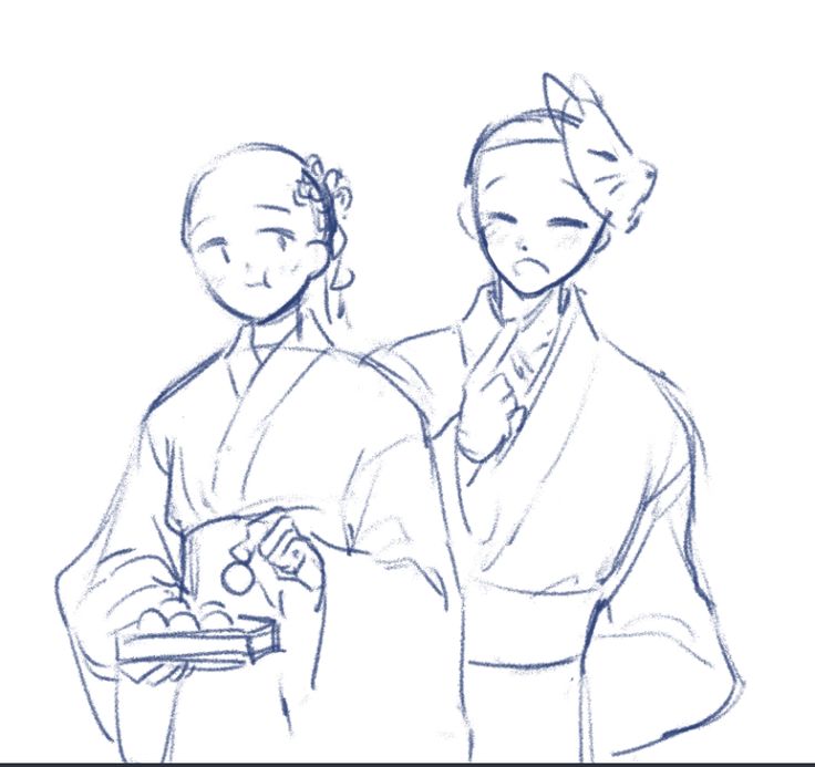 a sketch of a couple dressed in kimonos, the girl is holding a plate of dumplings and the boy is holding her hand with a smile on his face.