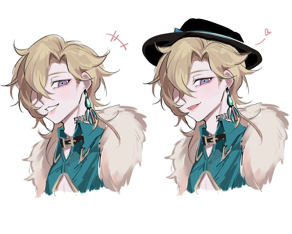 this image features a drawing of an anime character with long blonde hair, a teal shirt with a fur collar, and a black fedora. he's wearing a gold choker and turquoise earrings with feathers. he is smiling, and a blush is on his cheeks. the image is rendered in a digital art style.