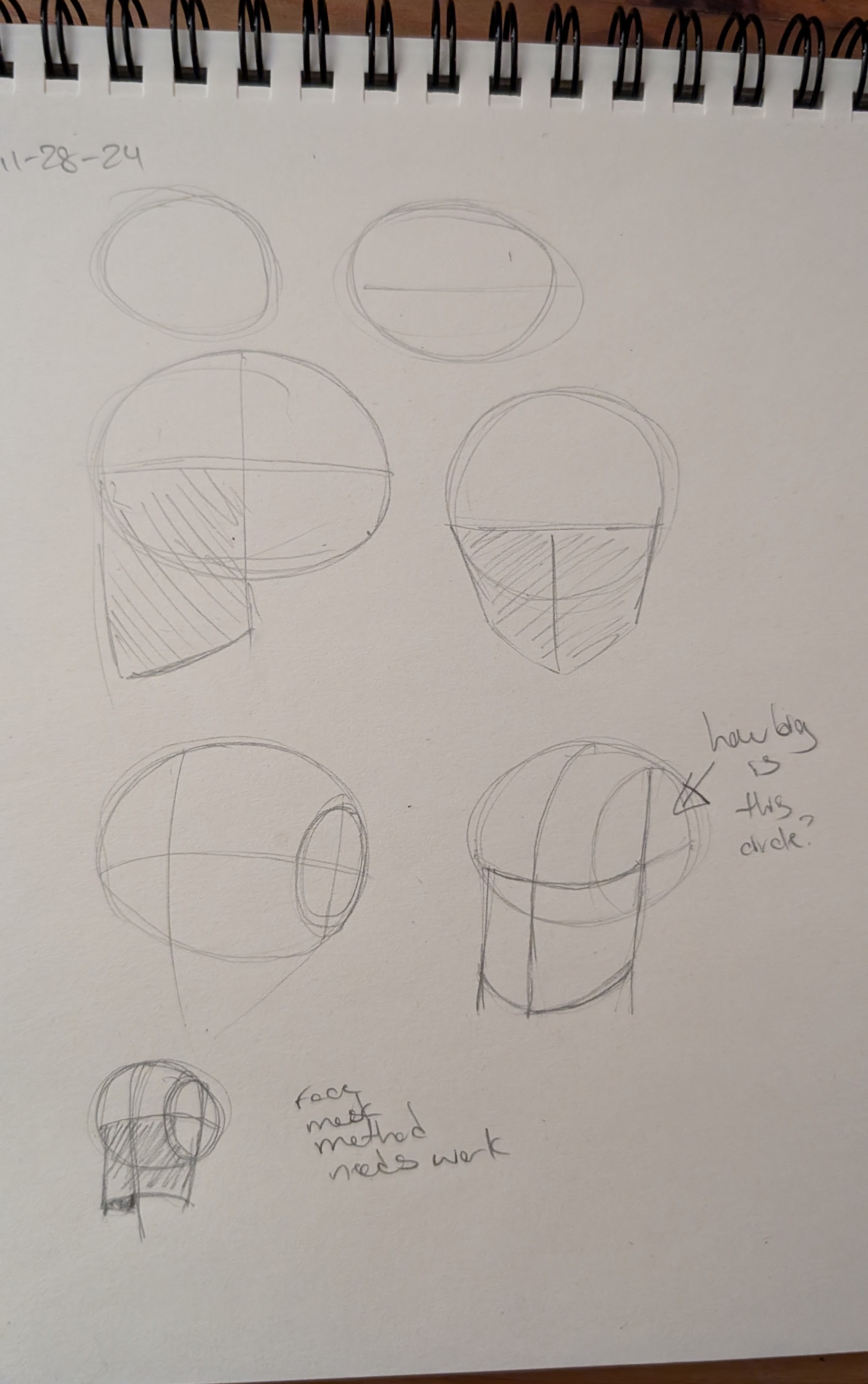 the image shows a notebook page filled with pencil sketches exploring different methods for drawing heads.  several stages are evident: basic shapes like circles and ellipses are used as underlying structures for constructing heads, followed by the addition of facial features and shading. some sketches include grid lines to help with proportion. there are annotations on the page, indicating the artist's thoughts on their progress and suggestions for improvement, such as "face method needs work," and questions regarding the size of certain components. the sketches appear to be practice work or studies focused on mastering the fundamentals of head drawing. the date "112824" is written at the top, suggesting a date of creation.