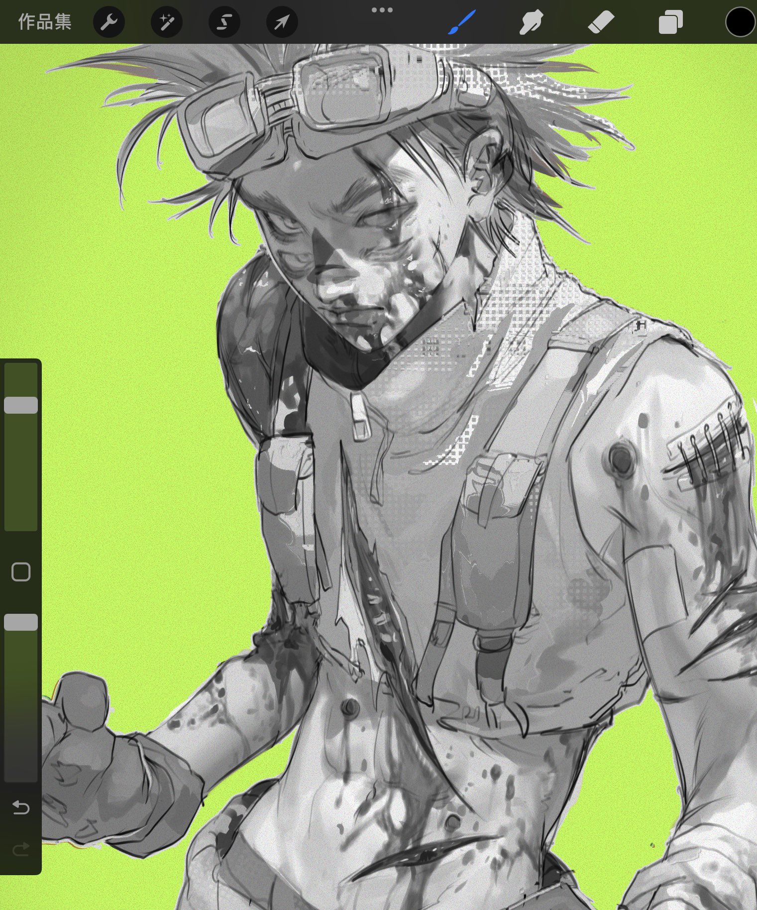 the image showcases a dynamic black and white digital sketch of a young man, likely for an anime or manga. he is dressed in futuristic, tactical clothing and sports spiky hair and goggles. his expression is determined, and he's heavily scarred with bandages, suggesting he's seen his fair share of battles. the sketch is set against a vibrant lime green background, further highlighting the character.