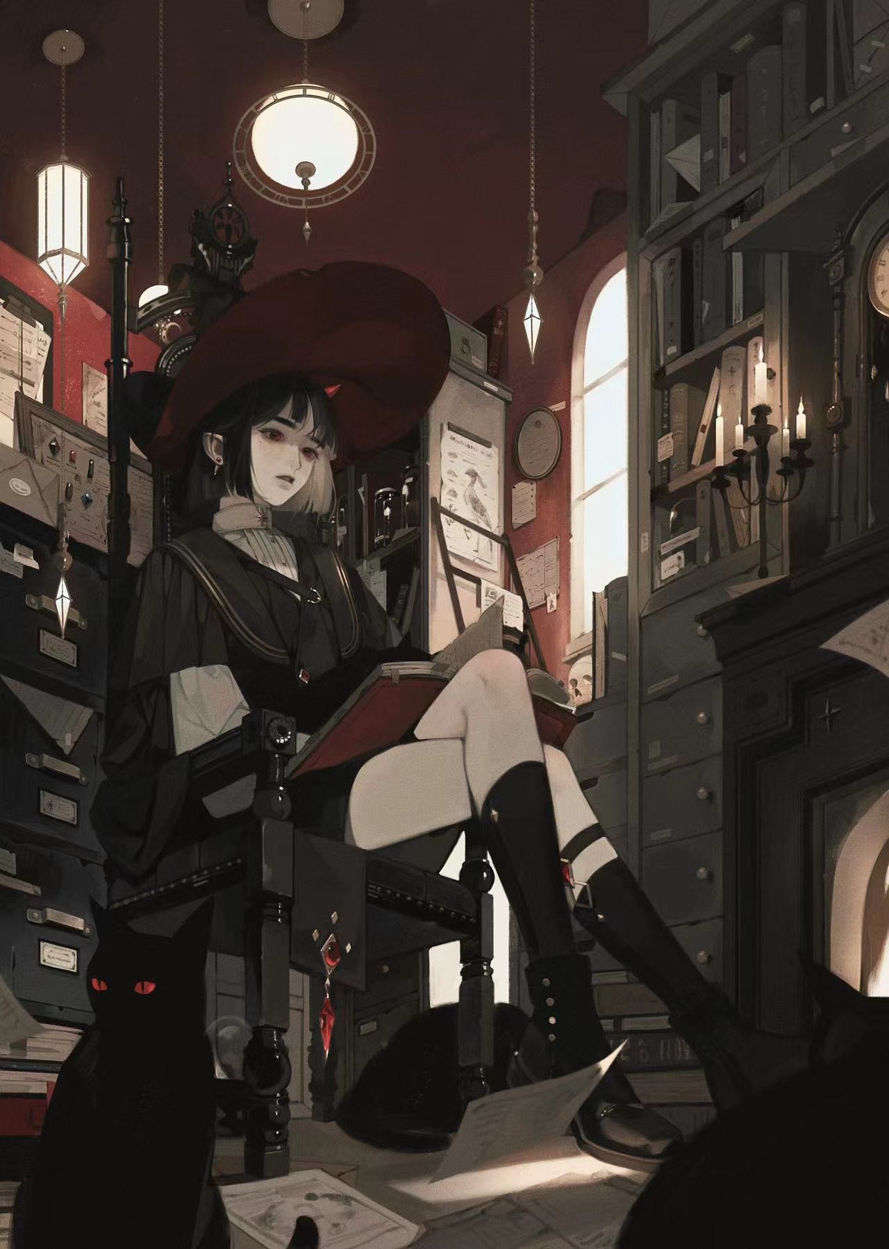 the image depicts an anime girl in a witch's hat sitting on a chair, reading a book. she has black hair and is wearing a black dress, boots, and a red and black collar. there is a black cat sitting beside her. the setting is a dark library, with bookshelves filled with books and a fireplace in the background. there are also other objects in the room, such as a chandelier, a clock, and a table. the overall tone of the image is dark and mysterious, creating a sense of wonder and intrigue.