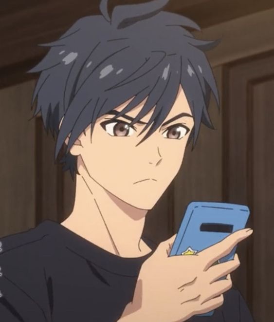 this is a closeup illustration of an anime boy looking concerned while staring at his phone. the image features soft lighting and a limited color palette. the boy's expression suggests he's engrossed in whatever he's reading on his phone.