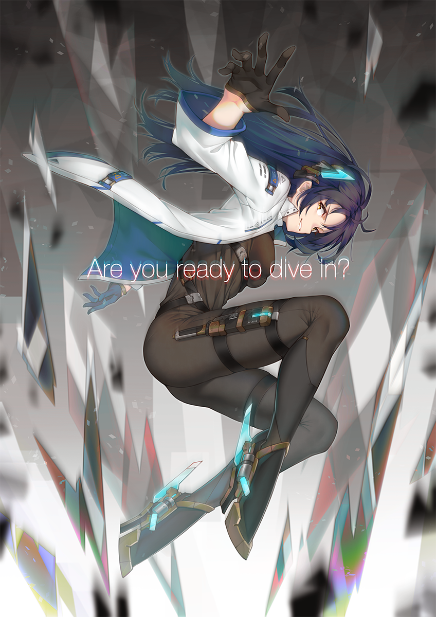 a female anime character with long blue hair and red eyes, wearing a futuristic white and blue outfit, leaps dynamically against a backdrop of shattered glass. her pose and the falling glass suggest a sense of action and movement. the lighting is soft, creating a sense of depth and atmosphere.