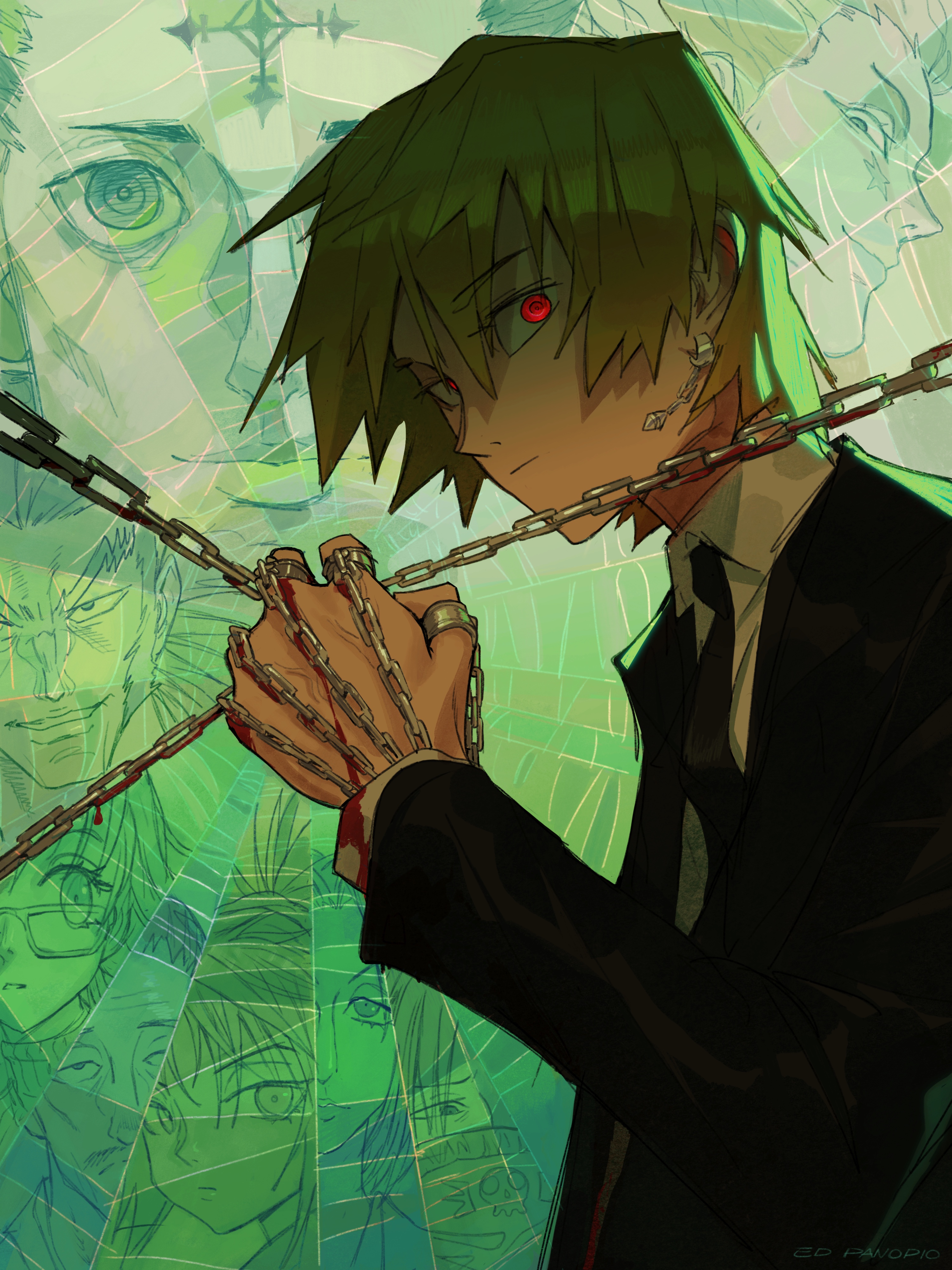 the image is a stylized digital illustration or artwork featuring a young animestyle male character. he has bright green hair, intense red eyes, and is dressed in a dark suit and tie.  chains are wrapped around his hands, seemingly embedded in his skin, with blood visible. the chains extend behind him, suggesting confinement or binding. the background is a complex interplay of overlapping, semitransparent faces and a green, spiderweblike pattern, creating a layered and somewhat unsettling atmosphere.  the overall style is dramatic, dark, and features a mixture of sharp lines and softer shading. the character's expression is serious and intense, contributing to the mysterious and potentially edgy tone of the piece.