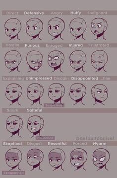the image is a chart of various facial expressions drawn on a bald human head. each expression is labeled with a corresponding emotion, such as "angry," "disgusted," "sad," etc. the chart is drawn in a cartoon style and is intended to be used as a reference for artists.