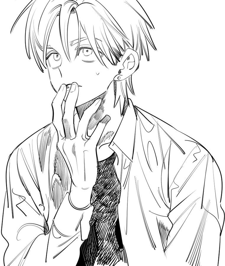 the image is a black and white line drawing of an anime or mangastyle male character. he has short, slightly messy hair with bangs that partially cover his forehead.  his expression is a mix of shyness and thoughtfulness; he's blushing lightly and has a hand near his mouth. he is wearing a casual shirt that's slightly open at the collar, revealing a darker undershirt. the style is expressive, with a focus on capturing emotion through linework and shading. the overall impression is one of elegant yet casual style.  the character possesses a somewhat androgynous quality.