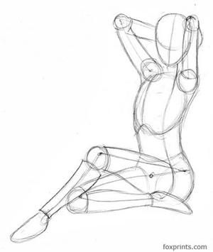 a sketch drawing of a woman sitting with her hands behind her head in a relaxed pose.  the drawing is done with lines and outlines.  it is a gesture drawing and shows the body's anatomy.
