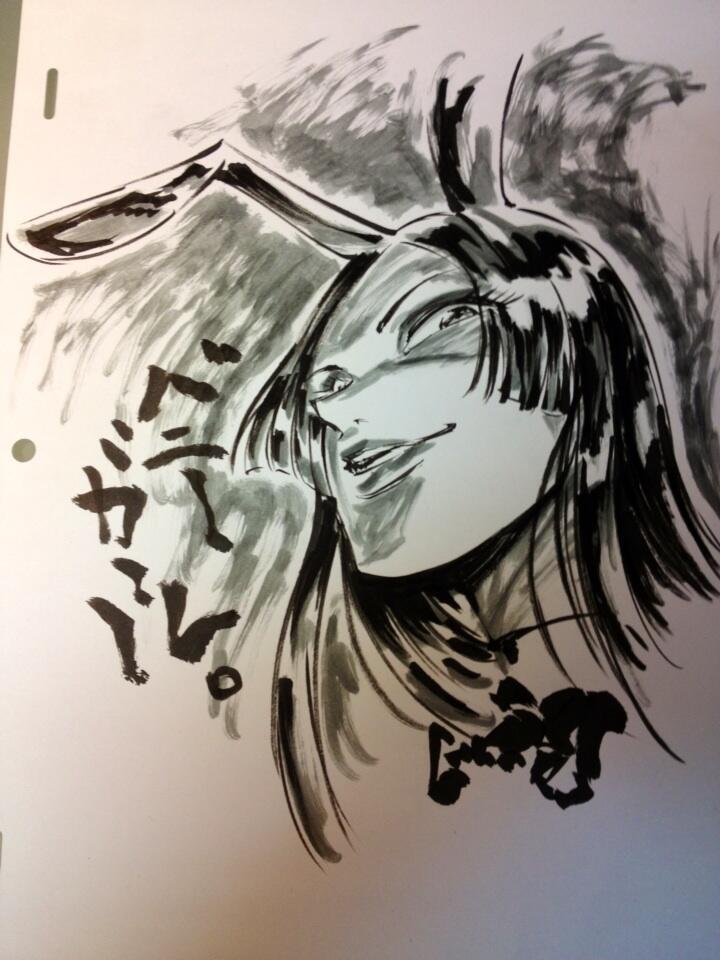 a black and white, portrait sketch of a woman with long hair and rabbit ears. the style of the sketch is japanese inspired and has a signature on the right side.  there is japanese writing on the left side.