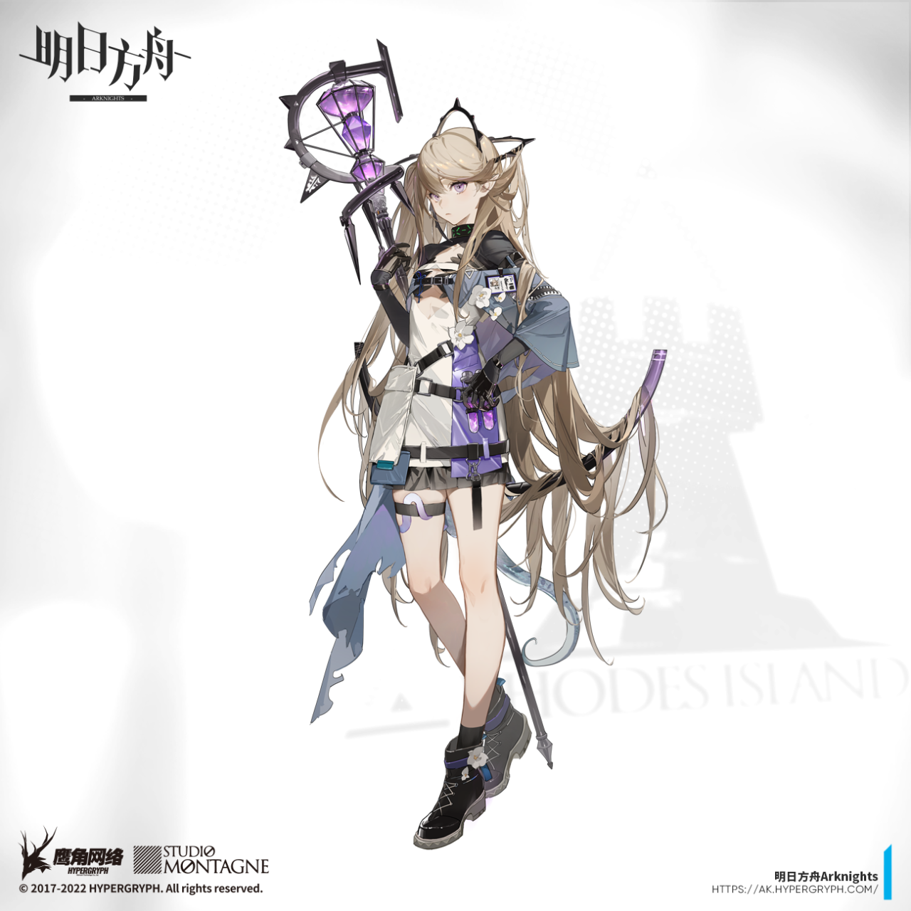 the image features a fullbody illustration of a female character from the game arknights. she has long, flowing blonde hair with catlike ears, and she's holding a purple staff. her clothing is a mix of white and purple, with fantasyinspired elements like straps and layers. the background is white with the arknights logo and the logos of studio montage and hypergryph, as well as the rhodes island text. copyright information is also displayed at the bottom.