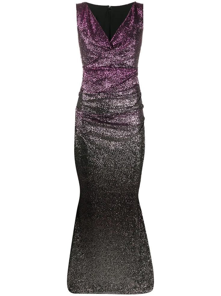 a long, fitted, sleeveless evening gown that features an ombre effect, transitioning from a purple top to a black bottom, and is fully covered in sequins. the dress has a vneckline and ruching at the waist.