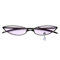 a pair of stylish black cat eye sunglasses with a delicate crystal dangle on the right side. the sunglasses have a purple tint.