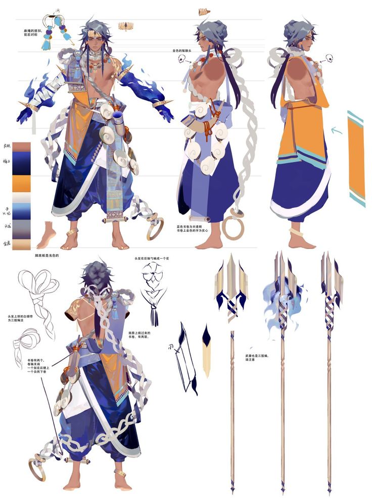 this image shows a detailed character design sheet for a male fantasy character.  the sheet includes multiple views of the character, showcasing his clothing, accessories, and a trident weapon.  color palettes and design elements are also included, as well as sketches for different aspects of the costume and weapon.  the overall style is vibrant and ornate, suggesting a fantasy setting. the text appears to be in chinese.