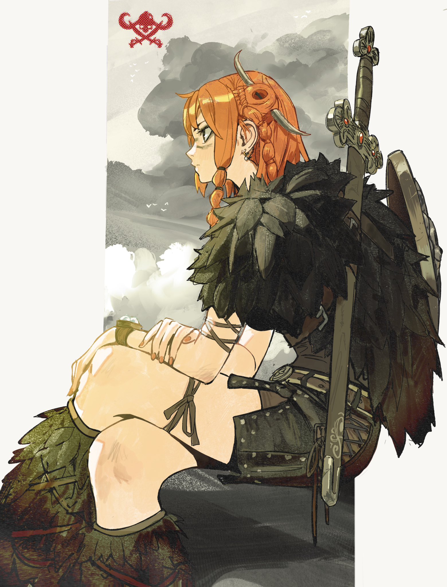 the image is a digital painting or illustration depicting a female warrior character. she has bright orange hair styled in braids, and she's wearing a mix of medievalinspired clothing and armor.  her attire includes a dark, furtrimmed cloak, leather straps, and what appears to be sturdy boots.  she carries a sword and a shield on her back. the warrior sits pensively, her gaze directed to her left, against a muted landscape background featuring clouds and what seems to be distant mountains. the overall style leans toward anime or manga but with a darker, more realistic approach to the rendering.  a small symbol, possibly a crest or insignia, is present in the upper left corner.