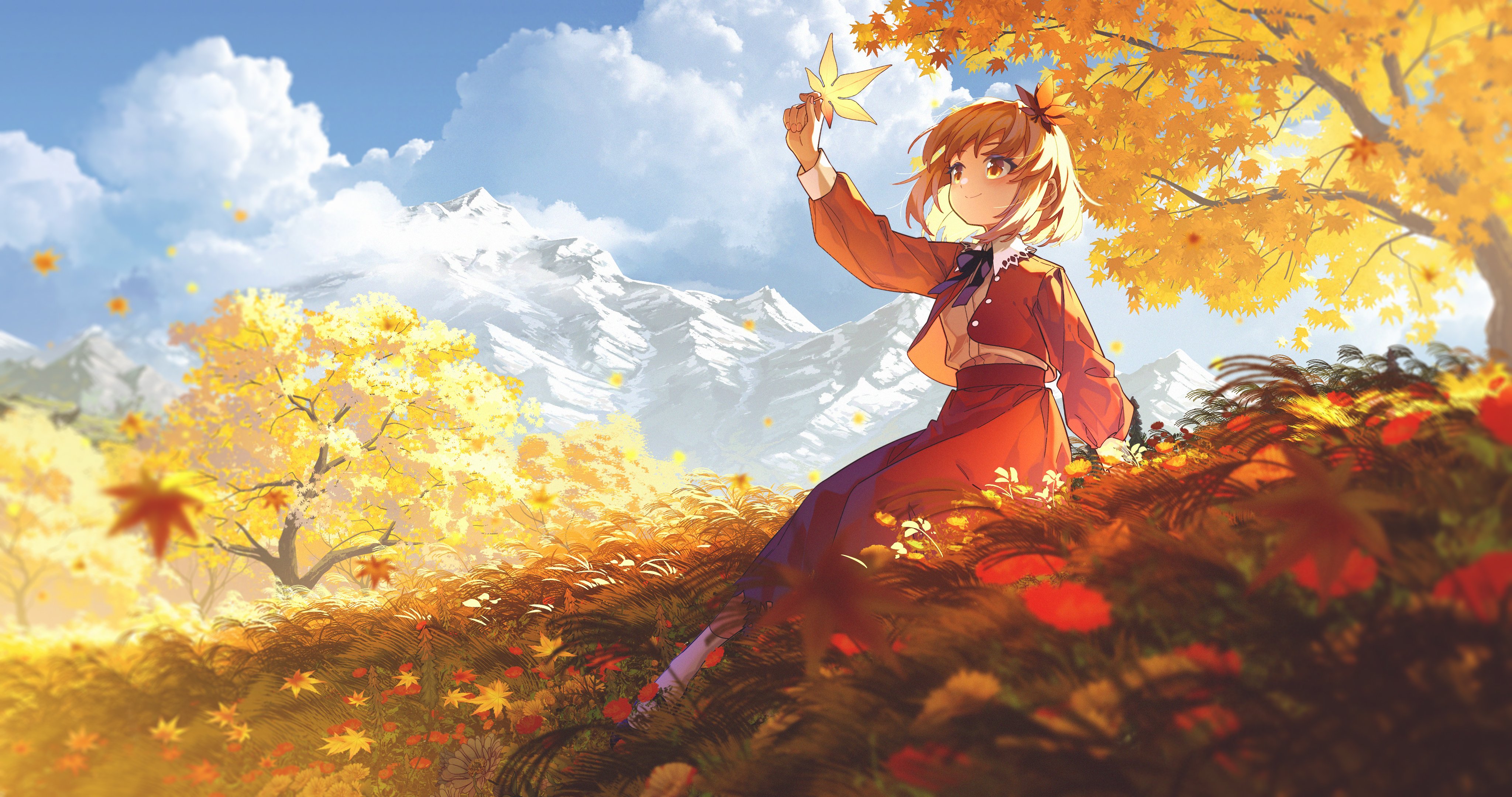 the illustration depicts an animestyle girl with short, light blonde hair, wearing a red dress and orange coat, sitting amidst a vibrant autumnal field. she's holding a single maple leaf.  the background features a stunning landscape of snowcapped mountains, yellow and orange maple trees, and a mix of red and yellow flowers scattered throughout the tall grass. the overall scene is peaceful and serene, conveying a feeling of autumnal warmth and tranquility. the art style is digitally rendered with a focus on soft lighting and rich colors.