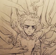 this image is a drawing of a young man being touched by many hands. the man looks sad and has a melancholy expression on his face. the hands are drawn in a way that suggests that they are trying to hold him down, or perhaps to comfort him. there is a sense of sadness and mystery in the image. it is difficult to tell what is happening, but it seems as if the man is being held captive.