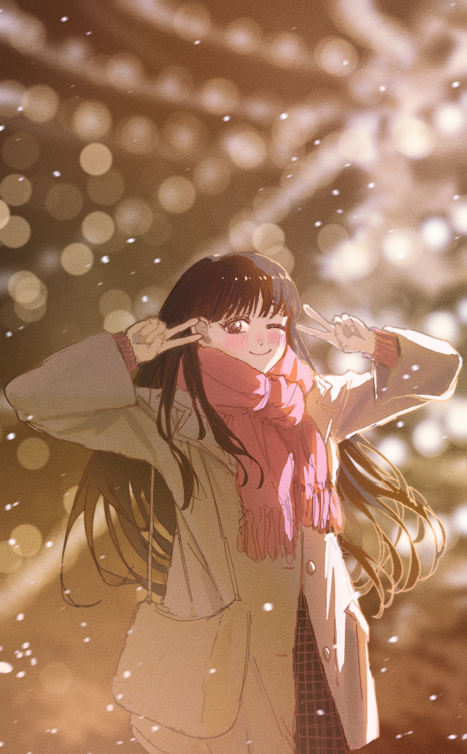 the image is a digital painting of an anime girl standing outdoors at night.  she's wearing a beige coat, a pink scarf, and is making a peace sign with both hands.  the background is blurred, showcasing warmtoned bokeh lights, suggesting a festive or holiday setting, possibly christmas or new year's eve.  snow gently falls around her. the overall style is soft, romantic, and aesthetically pleasing. the girl's expression is happy and serene.