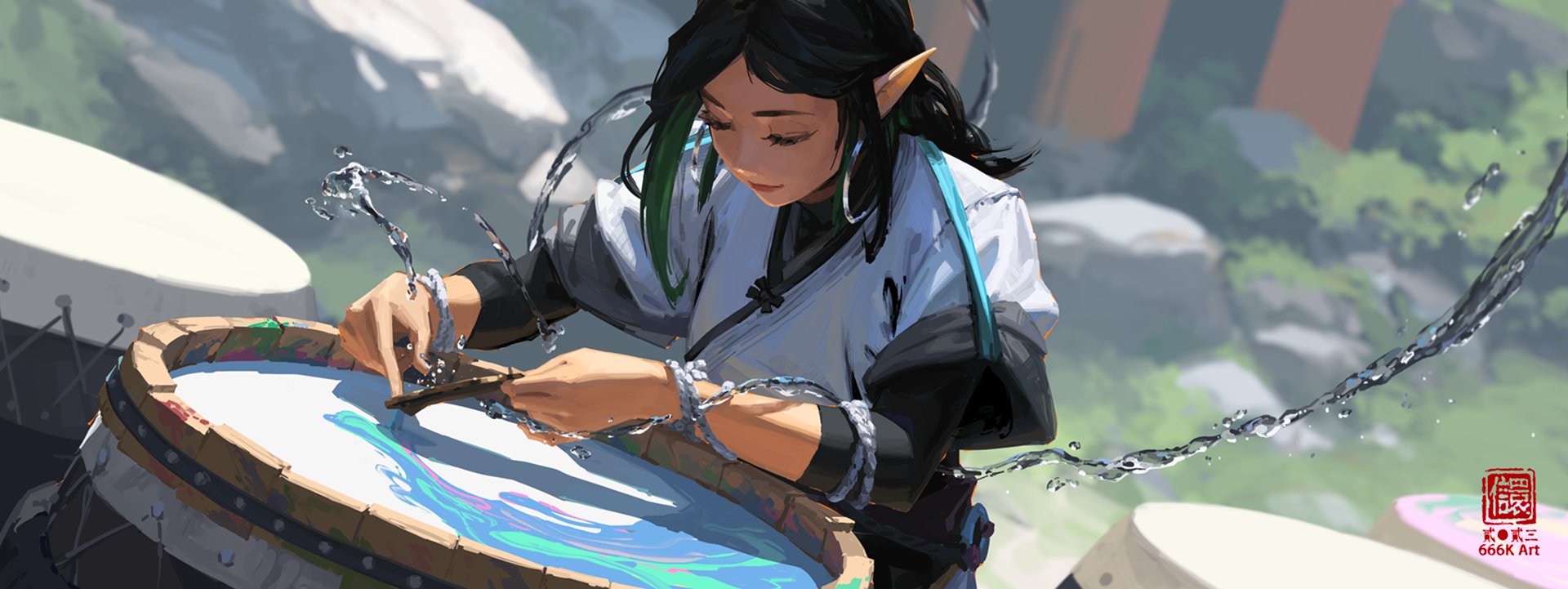 the digital painting showcases a young elven woman with dark hair and teal highlights, adorned in a flowing, lightcolored traditional asianinspired outfit.  she's actively painting a large drum, with splashes of light blue, pink, and white paint visible on its surface. water is dramatically splashing around her hands and the drum, adding a sense of movement and energy to the scene. the background is softly rendered, suggesting an outdoor setting with rocks and greenery. a stylized artist signature, "666k art," is present in the lower right corner, adding authenticity to the piece.  the overall style is painterly and atmospheric, with a blend of realism and fantasy elements.