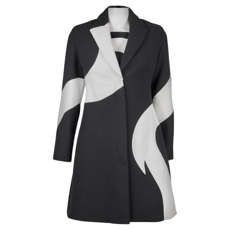 a black and white coat with a modern and stylish design. the coat is longsleeved with a collar and has an abstract pattern of white on a black background.