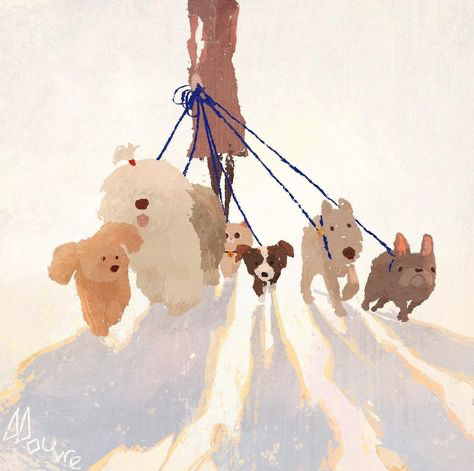 a watercolor painting of a woman walking a bunch of dogs on leashes. the woman is wearing a long dress. the dogs are different breeds and colors. the painting is done in a pastel color palette and has an abstract style. the woman and dogs are walking on a street or sidewalk in an urban setting. the painting is cute and adorable.