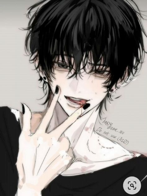 a head and shoulders drawing of an anime boy with black hair and red eyes. he's smirking at the viewer, blood visible on his lips, and making a peace sign with his right hand. his left hand is partially visible, resting near his chest. he has black nail polish and wears a plain black shirt. the background is a very light gray.