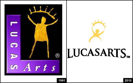 the image shows a sidebyside comparison of the lucasarts logo from 1991 and 2010. the 1991 logo features a golden figure with outstretched arms,  a sunlike halo around its head and the words "lucasarts" in purple and white, enclosed in a purple rectangle.  the 2010 logo is a simpler design, featuring a golden figure with a sunlike halo around its head and the word "lucasarts" in black, below it. the image is a clear depiction of the evolution of a wellknown brand.  the older logo was a more complex, stylized design, whereas the newer logo is much more minimalist and modern.