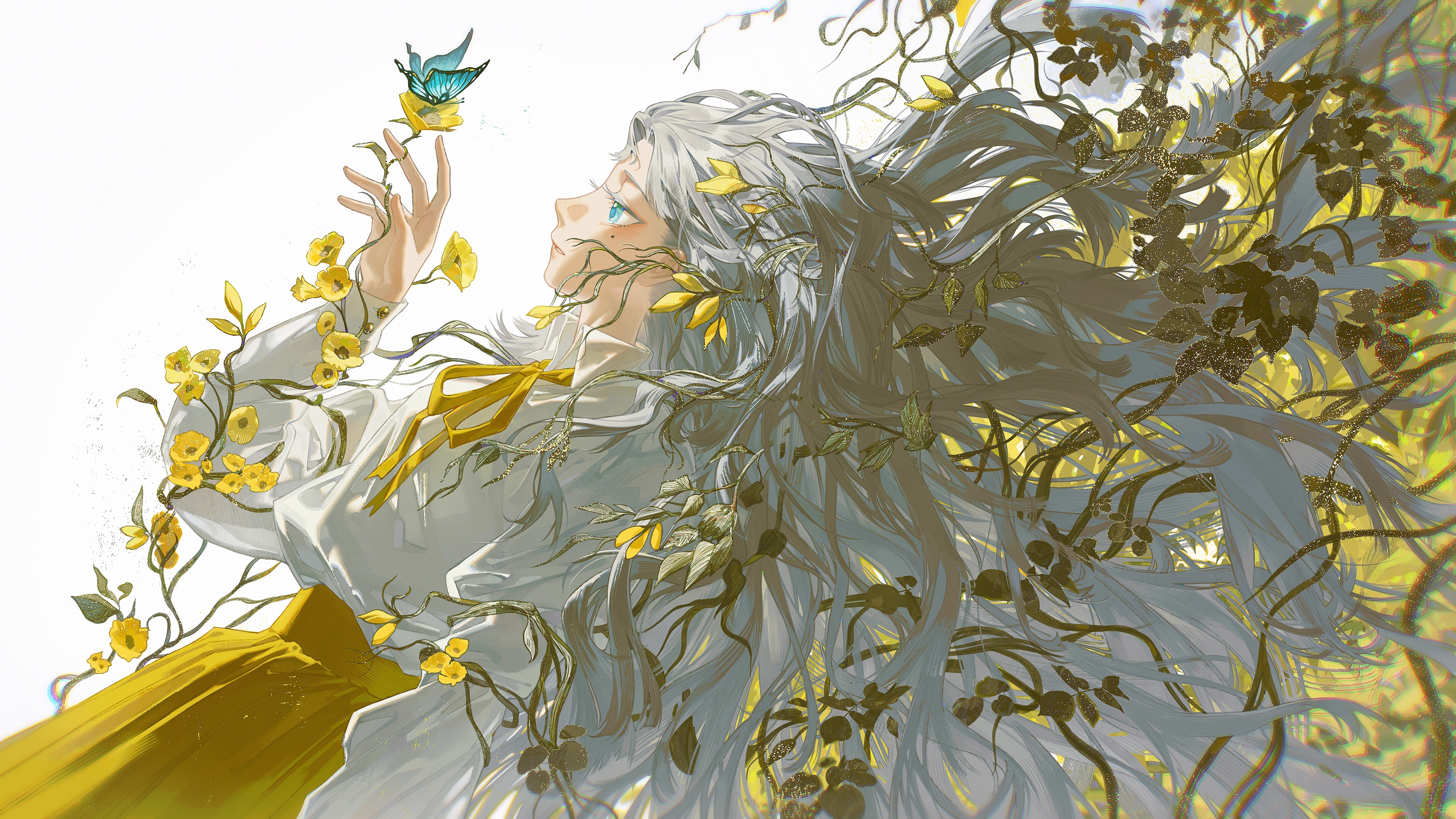 this is an anime illustration of a girl with long white hair. she is wearing a white shirt and yellow skirt. she has vines with yellow flowers and a blue butterfly in her hair. she is standing in front of a white background.