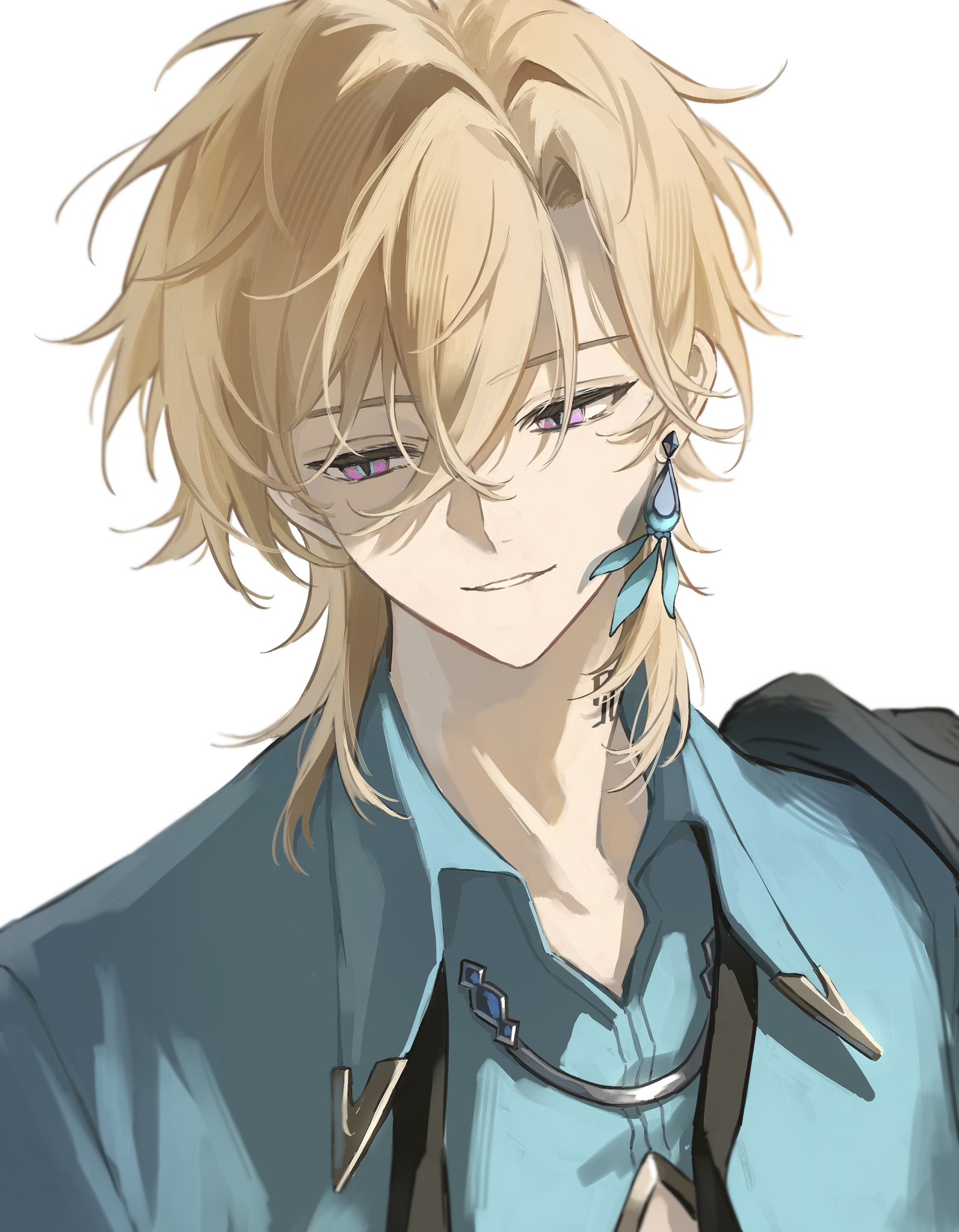 loseup illustration of an animestyle young man with shoulderlength blond hair and purple eyes. he is wearing a teal jacket and a necklace, and has a featherlike earring in his left ear. his expression is serene and slightly coy. the art style is clean and detailed, with soft shading and subtle highlights. the overall impression is one of elegance and style.