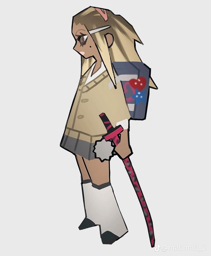 a cartoonstyle image of an anime girl in a school uniform, standing in side profile. she has blonde hair, light skin, and is carrying a sword and a backpack. the image features pink accents.