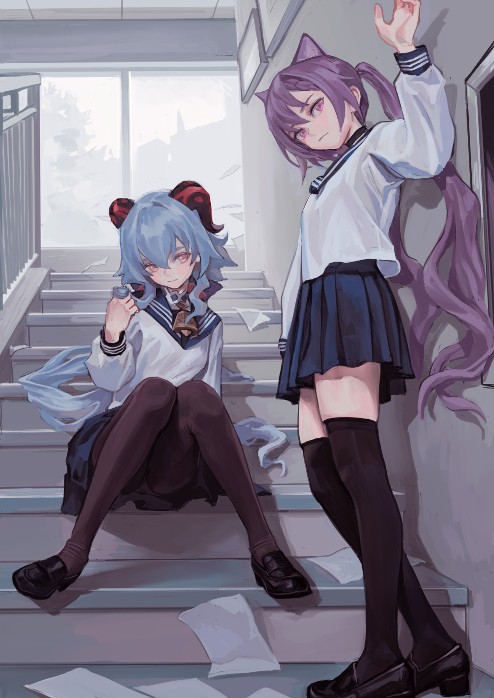 two animestyle school girls are depicted in an indoor setting, possibly a school hallway. one girl is sitting on the stairs, while the other stands beside her leaning against the wall. both are wearing similar school uniforms consisting of a white blouse with a sailor collar, a dark skirt, stockings, and black shoes. the girl on the stairs has light blue hair, red horns, and is holding a bell ornament, while the girl standing has long purple hair, cat ears, and is lifting one hand. there are papers scattered on the stairs. a window provides light to the scene.